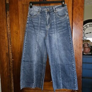 Womens High Waisted Wide Leg Cropped Jeans Medium Wash Raw Hem Front Seam Size L